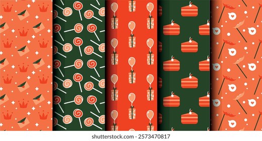 Set of birthday vector seamless pattern. Happy Birthday. Birthday symbols background. Bright colorful seamless birthday pattern with cakes, gifts and party symbols. Modern red and green design.