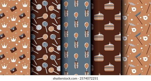 Set of birthday vector seamless pattern. Happy Birthday. Birthday symbols background. Bright colorful seamless birthday pattern with cakes, gifts and party symbols. Modern blue and brown design.