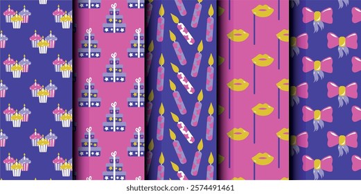 Set of birthday vector seamless pattern. Happy Birthday. Birthday symbols background. Bright colorful seamless birthday pattern with cakes, gifts and party symbols. Modern blue and pink design.
