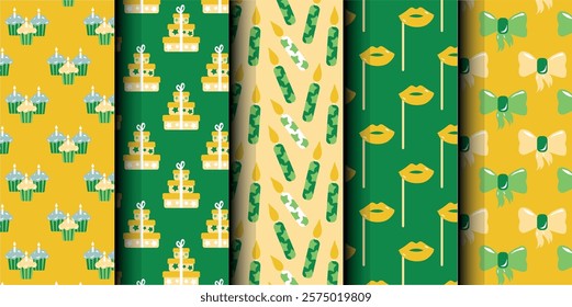 Set of birthday vector seamless pattern. Happy Birthday. Birthday symbols background. Bright colorful seamless birthday pattern with cakes, gifts and party symbols. Modern yellow and green design.
