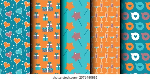 Set of birthday vector seamless pattern. Happy Birthday. Birthday symbols background. Bright colorful seamless birthday pattern with cakes, gifts and party symbols. Modern blue and orange design.