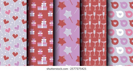 Set of birthday vector seamless pattern. Happy Birthday. Birthday symbols background. Bright colorful seamless birthday pattern with cakes, gifts and party symbols. Modern purple and red design.