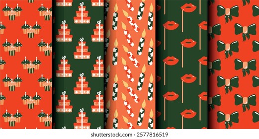 Set of birthday vector seamless pattern. Happy Birthday. Birthday symbols background. Bright colorful seamless birthday pattern with cakes, gifts and party symbols. Modern red and green design.