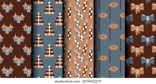 Set of birthday vector seamless pattern. Happy Birthday. Birthday symbols background. Bright colorful seamless birthday pattern with cakes, gifts and party symbols. Modern blue and brown design.