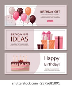 Set Birthday web banners with balloons, gifts and birthday cake. Birthday party, celebration, congratulations, invitation concept.