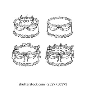 Conjunto de bolos de aniversário ou casamento com arcos e cerejas. Ilustração desenhada à mão vetorial em estilo de esboço retrô. Clipart de feriado para cartões e convites