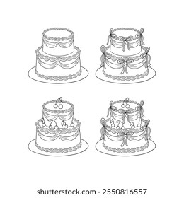 Set of birthday or wedding cakes with bows and cherries. Vector hand drawn illustration in retro sketch style. Holiday clipart for greeting cards and invitations