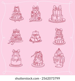 Set of birthday or wedding cakes with bows and leaks. Vector hand drawn illustration in Coquette retro sketch style. Holiday clipart for greeting cards and invitations