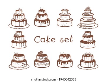 Set of birthday and wedding cakes with fruits, meringues, and flowers. Vector decorative element for bakery, cafe, sweet shop, pastry shop, confectionery, packaging, wrapper, menu, signboard and label