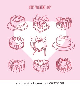 Set of birthday or wedding cakes in heart shapes with bows and leaks. Vector hand drawn illustration in Coquette retro sketch style. Holiday clipart for greeting cards and invitations