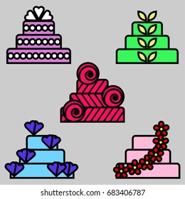 Set of birthday and wedding cakes. Vector illustration in flat style