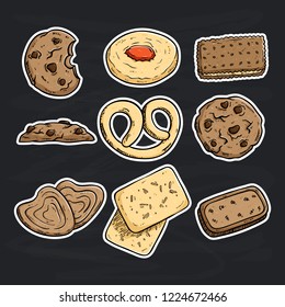 set of biscuits or cookies with colored hand drawn style on chalkboard background