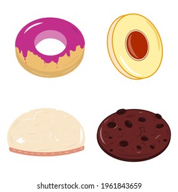 Conjunto de iconos de galletas. Castaño, hongo, mermelada, galletas de chocolate. Idea para decoraciones, logo, patrones, papeles, cubiertas, regalos, vacaciones de verano y primavera, temas de dulces. Dibujo vectorial aislado