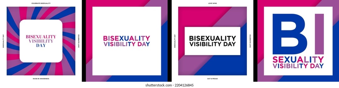 Set Of Bisexuality Visibility Day Greeting Cards And Artworks In Paper Art Concept And Typography, Bi Pride Flag Colors. Vector Illustration. EPS 10.