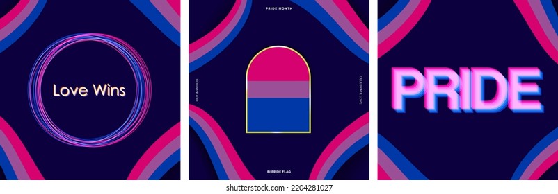 Set Of Bisexuality Visibility Day Greeting Cards And Artworks In Paper Art Concept And Typography, Bi Pride Flag Colors. Vector Illustration. EPS 10.