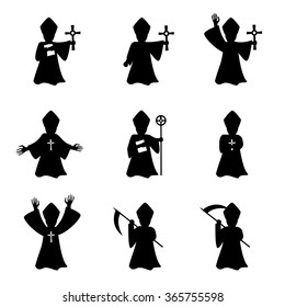 Set of bishop with book and cross in silhouette