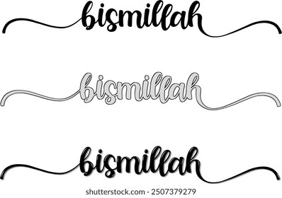 Conjunto de letras de la mano de Bismillah que significa "En el nombre de Alá". Ilustración vectorial de citas islámicas sobre fondo blanco.