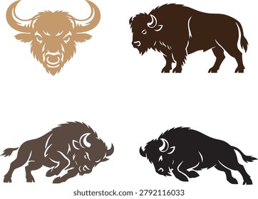 Set of bison and buffalo silhouettes, vector illustrations of wild animals for logos, emblems, and sports team mascots