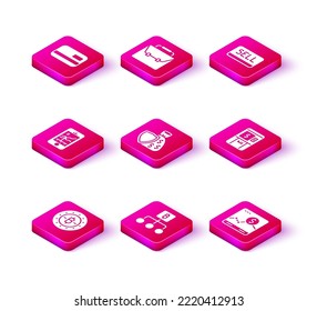Set Bitcoin, Blockchain technology, Mobile stock trading, Shield and money bag, Website with growth graph, ATM, Sell button and Briefcase icon. Vector