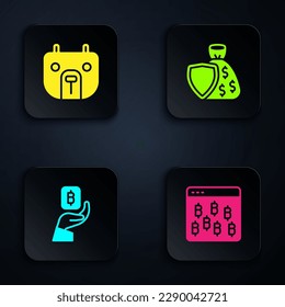 Set Bitcoin in browser, Bear market, Hand holding and Shield money bag. Black square button. Vector