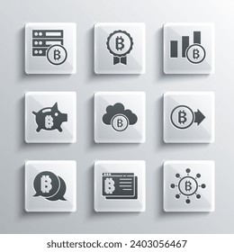 Set Bitcoin in browser, Blockchain technology, Cryptocurrency cloud mining, Piggy bank bitcoin, Server and Pie chart infographic icon. Vector