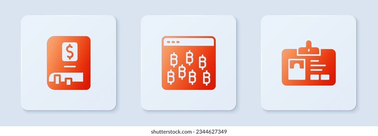 Set Bitcoin in browser, Financial book and Identification badge. White square button. Vector