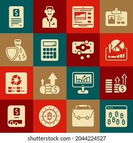 Ponga Bitcoin en navegador, crecimiento financiero y dólar, gráficos de mercado de acciones, cursos de operaciones, Calculadora, bolsa de dinero Escudo, informe de finanzas empresariales e icono de caja de papel Stacks. Vector