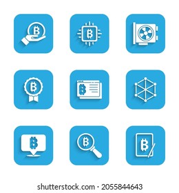 Ajuste Bitcoin en navegador, vidrio de aumento con, bitcoin de minería de tableta, tecnología Blockchain, tarjeta gráfica de vídeo e icono de mano. Vector
