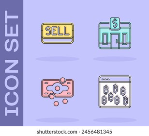 Set Bitcoin in browser, Sell button, Stacks paper money cash and Bank building icon. Vector
