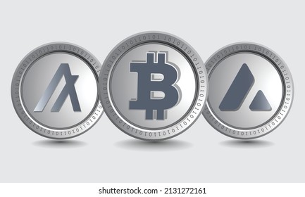 Set of Bitcoin (BTC), Avalanche (AVAX), and Algorand (ALGO) cryptocurrency logo symbols. Isolated Crypto silver coins metallic vector template. Block chain based decentralized crypto currency concept.
