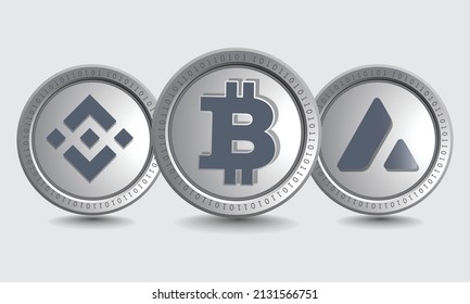 Set of Bitcoin (BTC), Avalanche (AVAX), and Binance (BNB) cryptocurrency logo symbols. Isolated Crypto silver coins metallic vector template. Block chain based decentralized crypto currency concept.