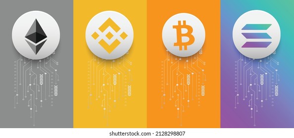 Set of Bitcoin BTC, Binance Coin BNB, Ethereum ETH and Solana SOL crypto currency logo symbols on colorful technology background vector template 