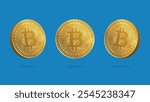 Set of bitcoin btc currency money gold coin. icon sign or symbol business and financial exchange on blue background 3D vector illustration