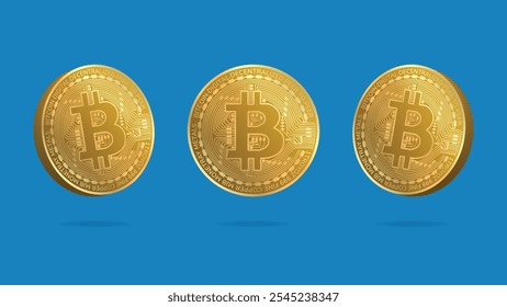 Set of bitcoin btc currency money gold coin. icon sign or symbol business and financial exchange on blue background 3D vector illustration