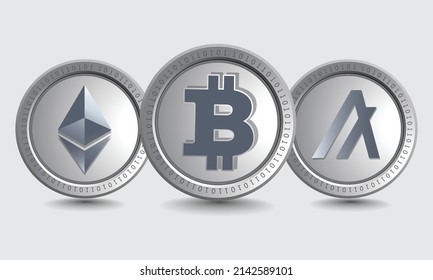 Set of Bitcoin (BTC), Ethereum (ETC)  (AVAX), and Algorand (ALGO) cryptocurrency logo symbols. Isolated Crypto silver coins metallic vector template. Block chain based decentralized crypto 