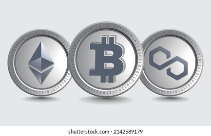 Set of Bitcoin (BTC), Ethereum (ETC), and Polygon (MATIC) cryptocurrency logo symbols. Isolated Crypto silver coins metallic vector template. Block chain based decentralized crypto currency concept.