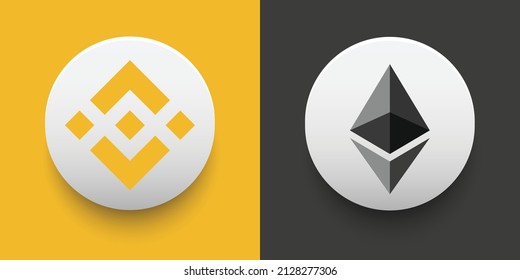 Set of Bitcoin (BTC) and Ethereum (ETH) Crypto currency logo and symbol icons vector template. Can be used as stickers, badges, buttons and emblems for virtual digital money technology concepts.