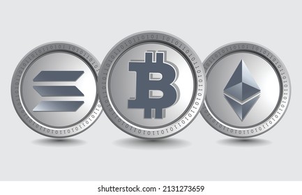 Set of Bitcoin (BTC), Ethereum (ETH), and Solana (SOL) cryptocurrency logo symbols. Isolated Crypto silver coins metallic vector template. Block chain based decentralized crypto currency concept.