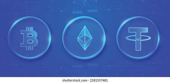 Set of Bitcoin BTC, Ethereum ETH and Tether USDT crypto currency coins logo neon vector illustration banner and background