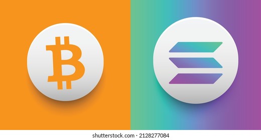 Set of Bitcoin (BTC) and Solana (SOL) Crypto currency logo and symbol icons vector template. Can be used as stickers, badges, buttons and emblems for virtual digital money technology concepts.