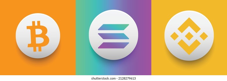 Set of Bitcoin BTC, Solana Solana SOL, Binance Coin BNB Crypto currency logo and symbol icons vector template. Can be used as stickers, badges, buttons and emblems for digital money technology concept
