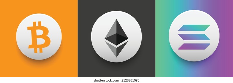 Set of Bitcoin BTC, Solana SOL and Ethereum ETH Crypto currency logo and symbol icons vector template. Can be used as stickers, badges, buttons and emblems for virtual digital money technology concept