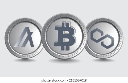 Set of Bitcoin (BTC), Solana (SOL), and Algorand (ALGO) cryptocurrency logo symbols. Isolated Crypto silver coins metallic vector template. Block chain based decentralized crypto currency concept.