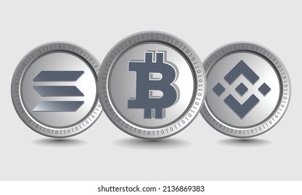 Set of Bitcoin (BTC), Solana (SOL), and Avalanche (AVAX) cryptocurrency logo symbols. Isolated Crypto silver coins metallic vector template. 