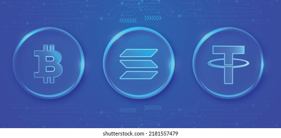 Set of Bitcoin BTC, Solana SOL and Tether USDT crypto currency coins logo neon vector illustration banner and background