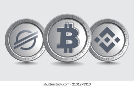 Satz von Kryptowährungs-Logo-Symbolen für Bitcoin (BTC), Stellar (XLM) und Binance (BNB). Isolierte Kryptosilber-Münzen metallische Vektorvorlage. Blockkettenbasiertes dezentralisiertes Verschlüsselungskonzept.