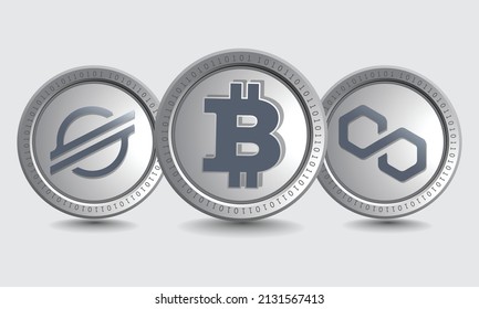 Set of Bitcoin (BTC), Stellar (XLM), and Solana (SOL) cryptocurrency logo symbols. Isolated Crypto silver coins metallic vector template. Block chain based decentralized crypto currency concept.