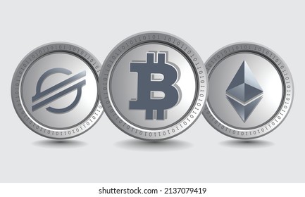 Set of Bitcoin (BTC), Stellar (XLM), and Ethereum (ETH) cryptocurrency logo symbols. Isolated Crypto silver coins metallic vector template. Block chain based decentralized crypto currency concept.