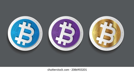 Set of Bitcoin (BTH) Crypto currency logo in colorful and golden stickers isolated in dark background. These block chain based currency symbol can be used as icons, badges, labels, emblems, and signs.