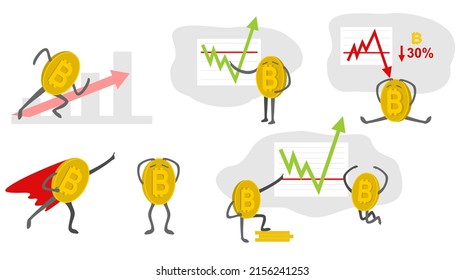 Set of bitcoin characters in the different situations. Virtual money capitalization rise. Blockchain technology. Cryptocurrency makes comeback, bitcoin price back. Bitcoin revenue vector illustration